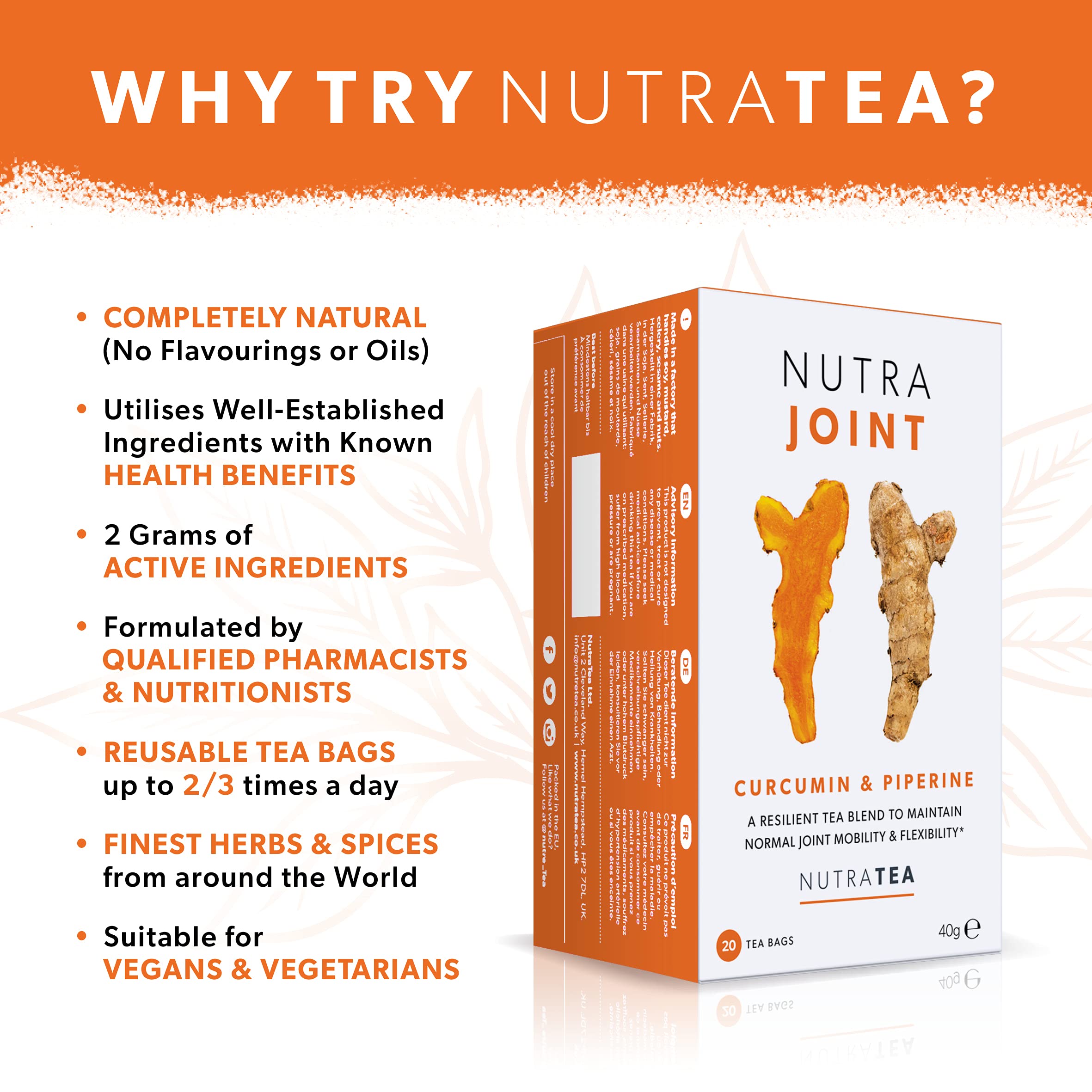 Nutra Tea hebras de la mezcla resaltando cúrcuma y té verde fresco