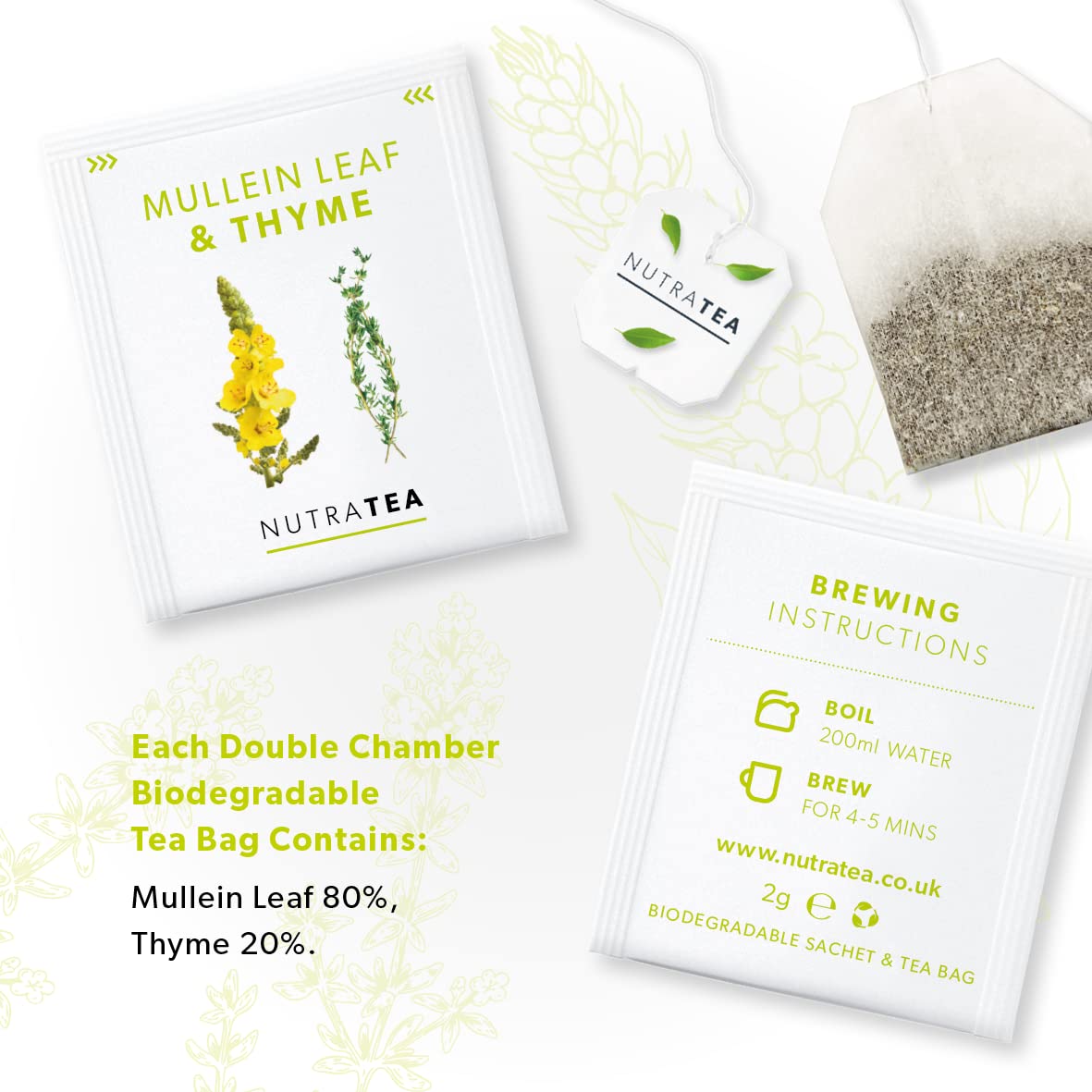 NutraTea taza con infusión humeante, aroma herbal reconfortante
