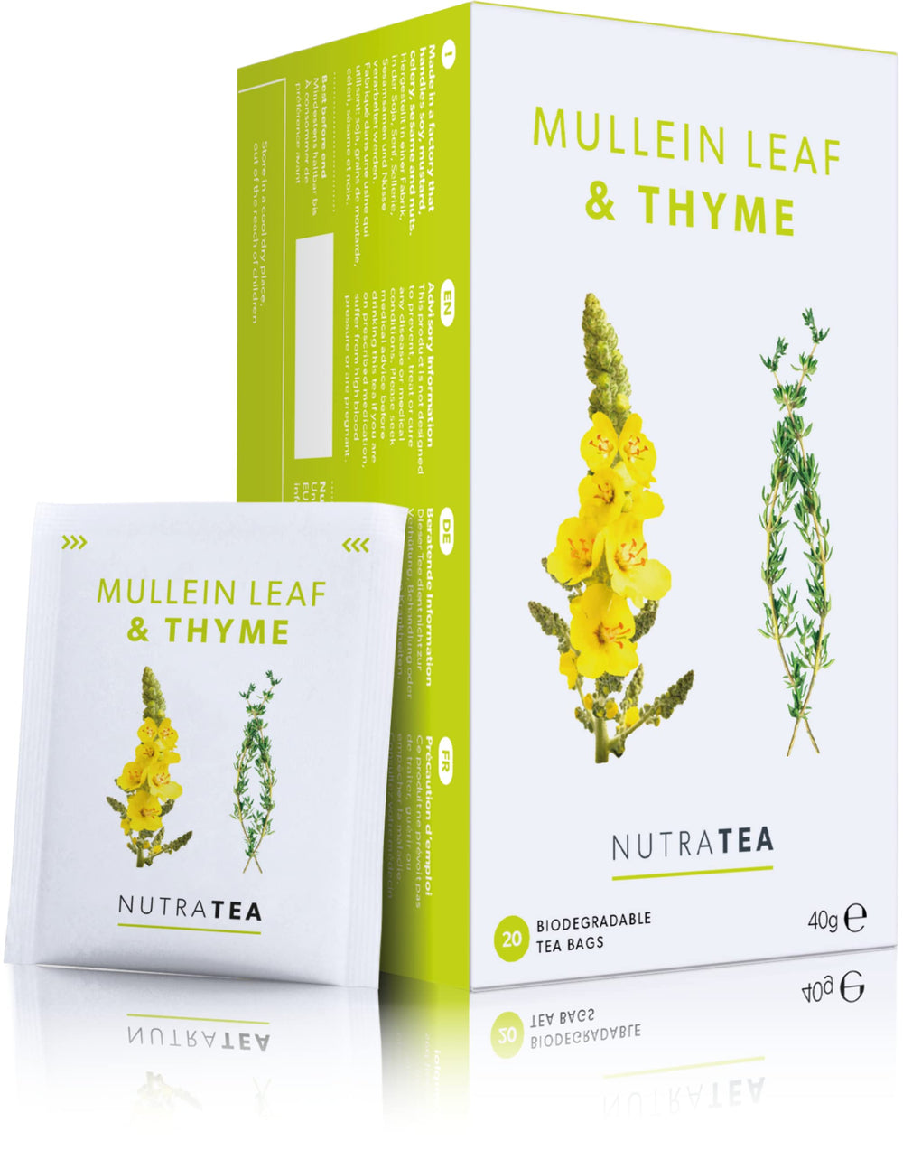 NutraTea frente del empaque mostrando 20 bolsas, claro y sostenible