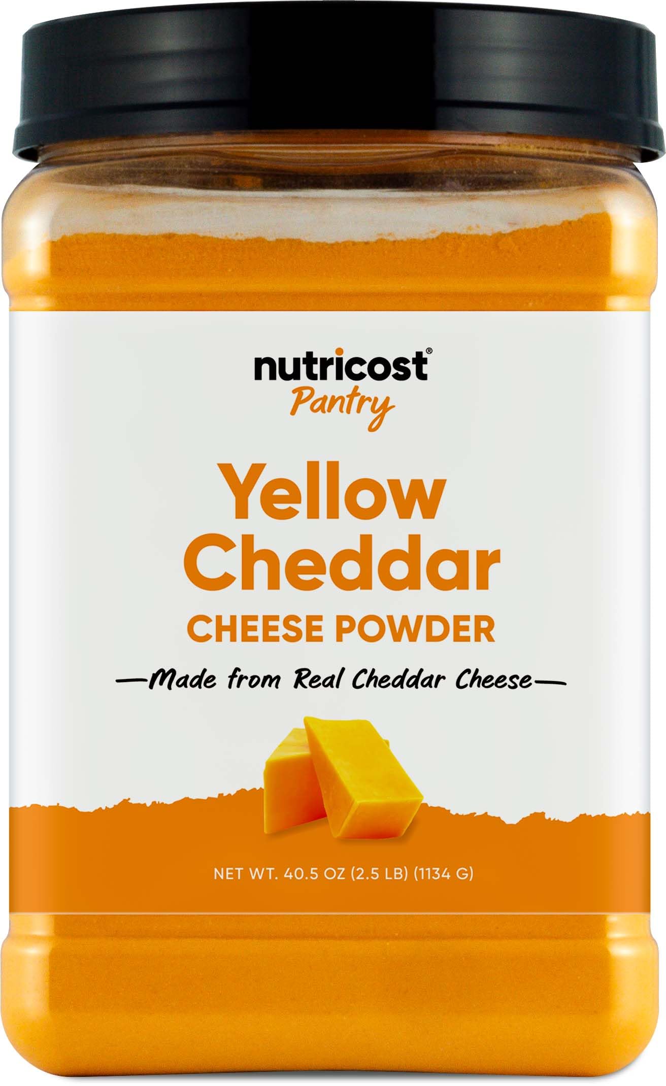 Nutricost envase frontal de queso cheddar en polvo mostrando cantidad y marca
