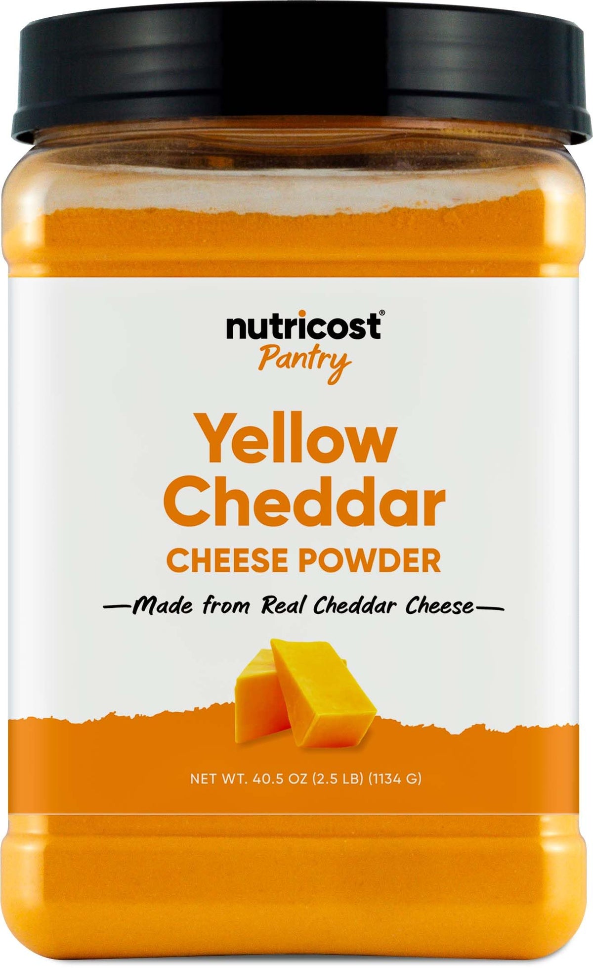 Nutricost envase frontal de queso cheddar en polvo mostrando cantidad y marca