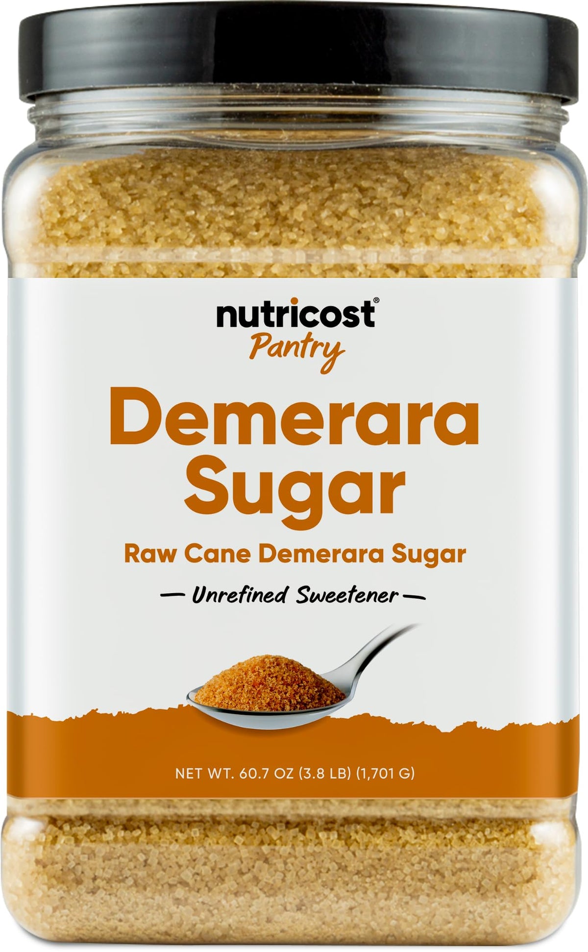 Nutricost frasco frontal mostrando azúcar demerara dorada y cantidad generosa