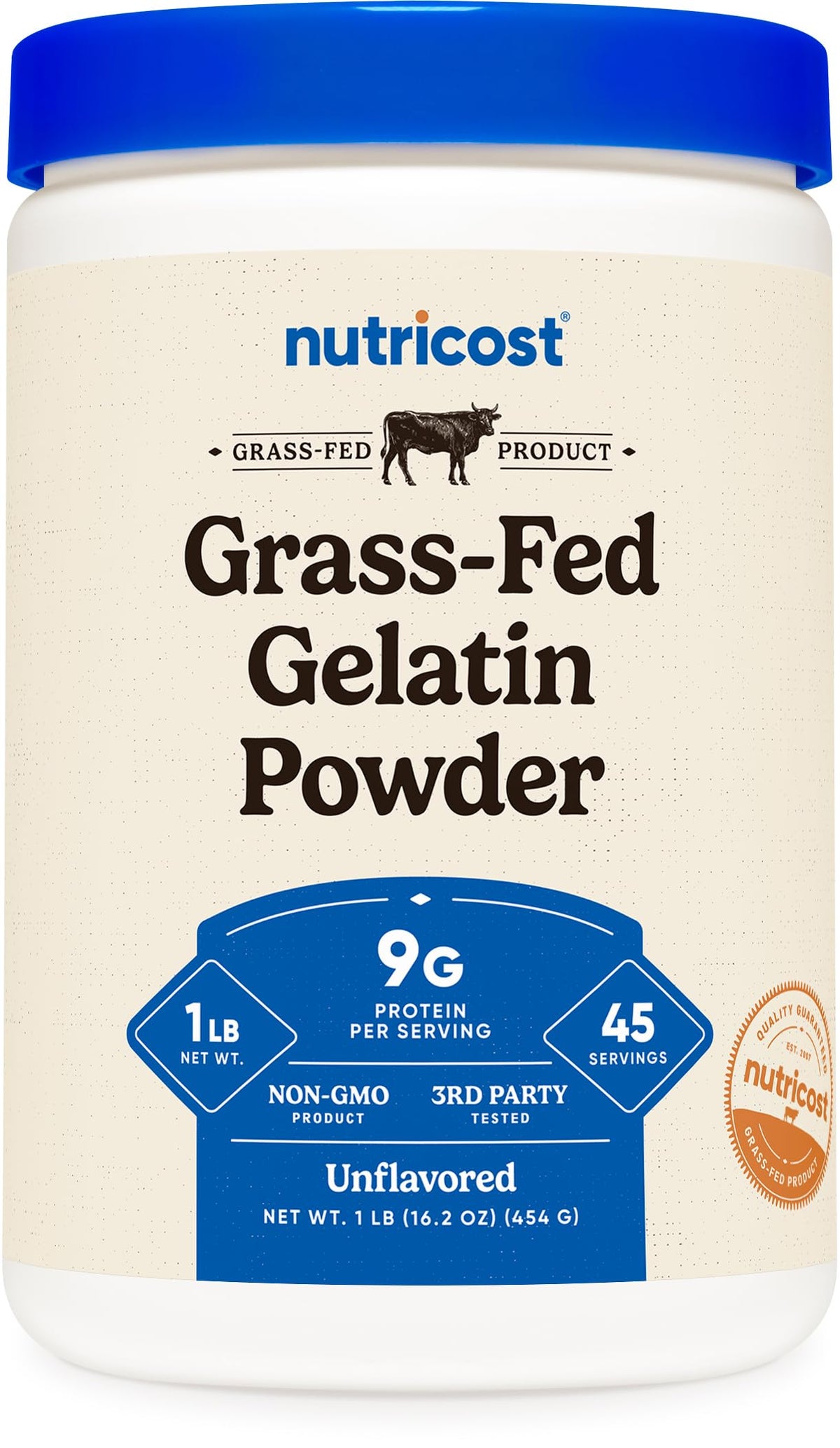 Nutricost envase frontal mostrando gelatina de res, fácil identificación y uso