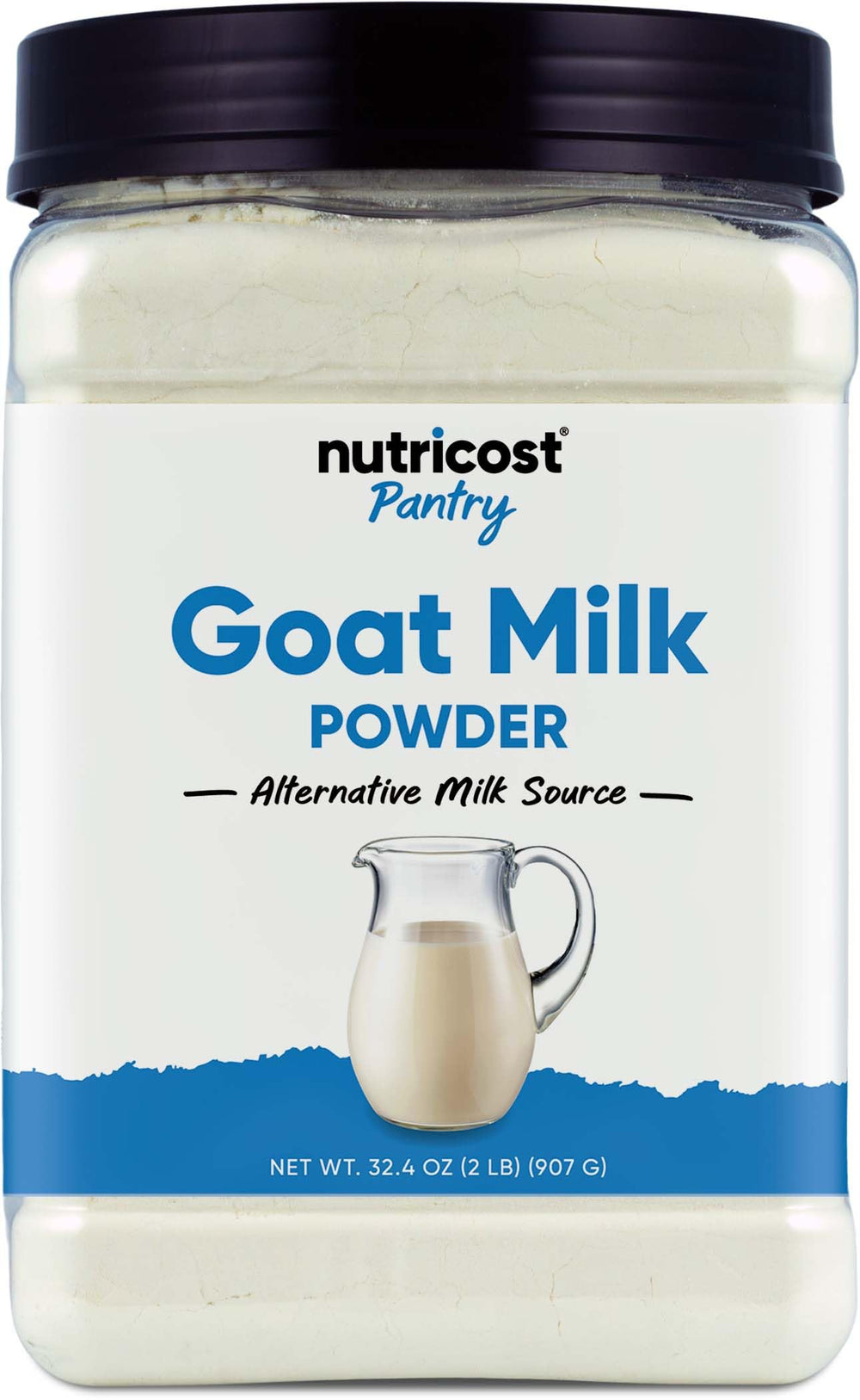 Nutricost envase frontal de leche de cabra en polvo muestra presentación 2 lb y beneficios
