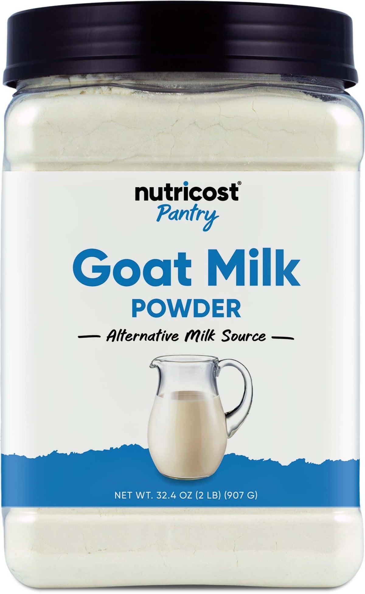 Nutricost envase frontal de leche de cabra en polvo muestra presentación 2 lb y beneficios