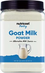 Nutricost envase frontal de leche de cabra en polvo muestra presentación 2 lb y beneficios