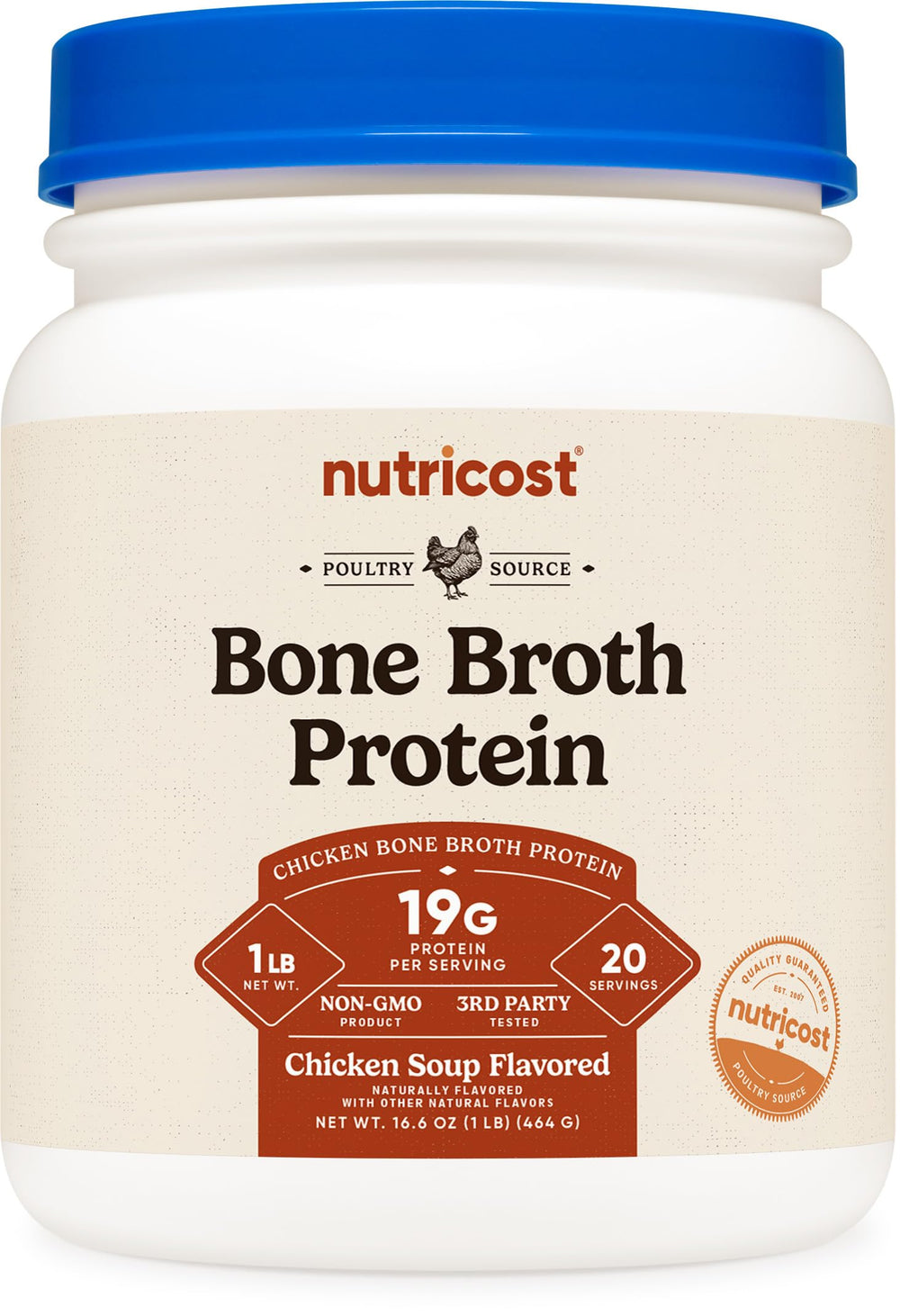 Nutricost envase frontal del polvo sabor sopa de pollo, conveniencia instantánea