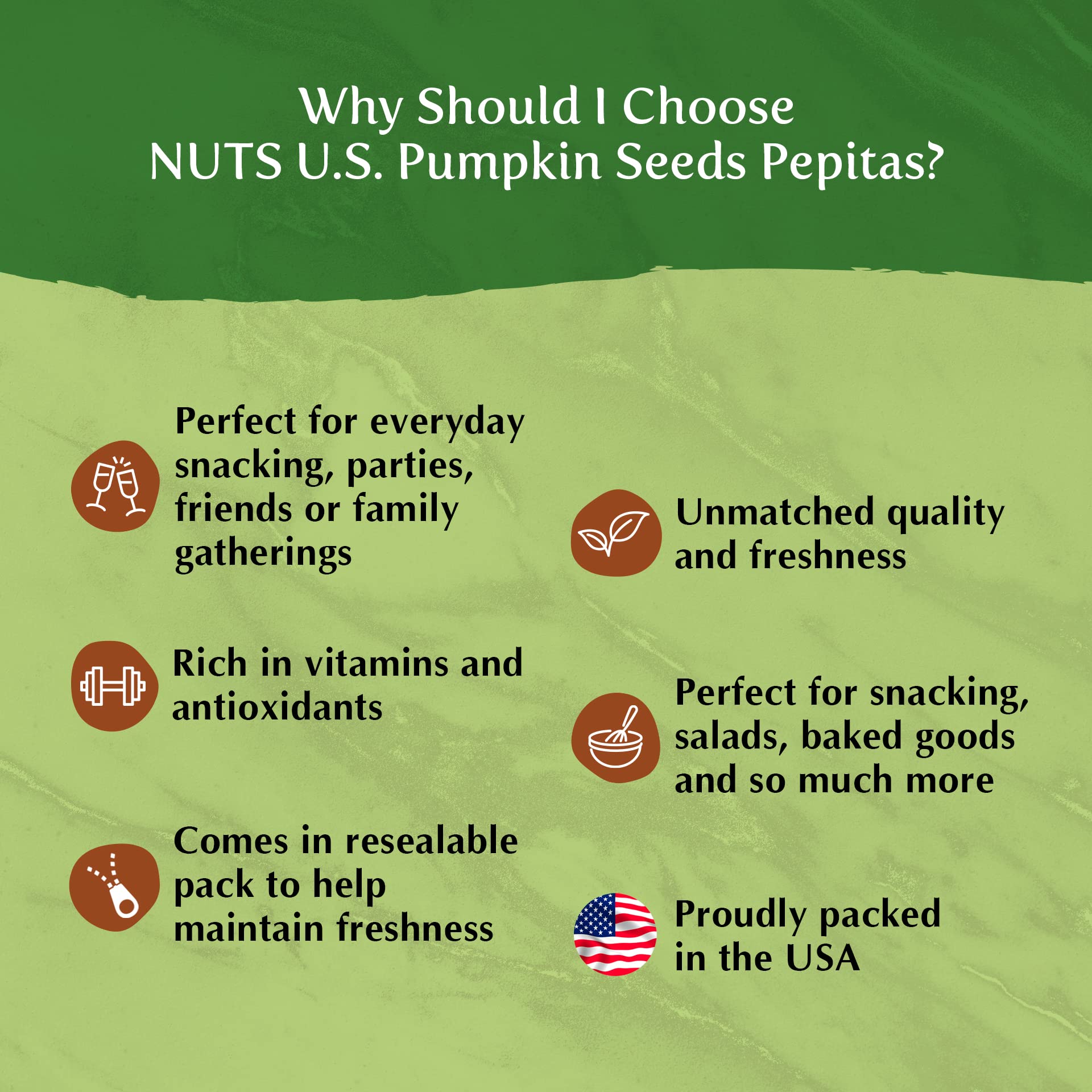 NUTS U.S. pepitas en cocina como snack, conveniencia para toda la familia