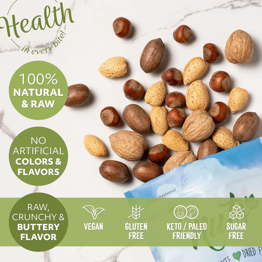 NUTS U.S. nueces peladas mostradas junto a cáscaras, fácil preparación y uso