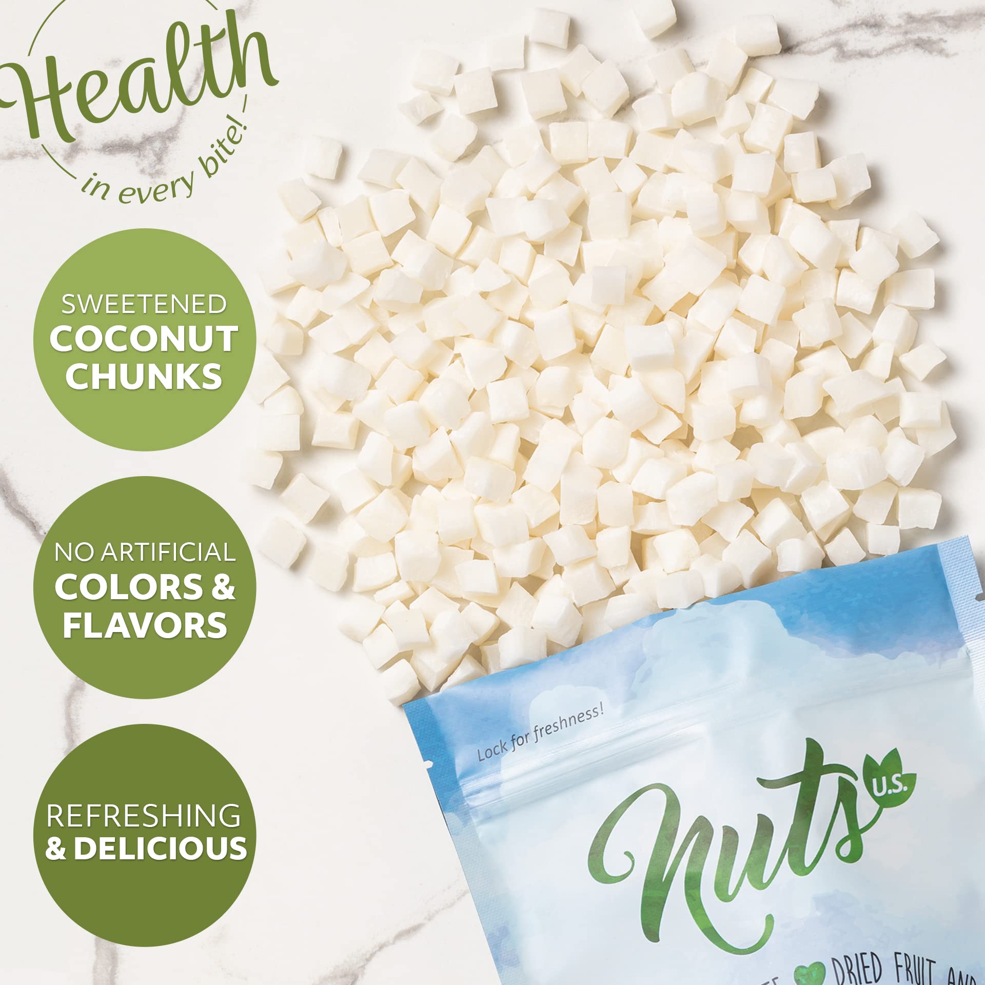 NUTS U.S. dados de coco con ingredientes para recetas versátiles