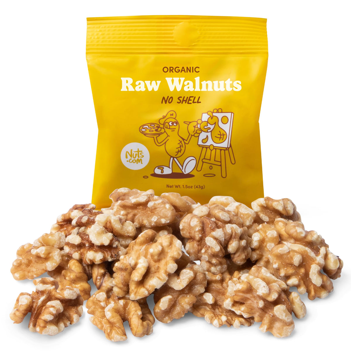 Nuts.com frente del paquete de nueces orgánicas mostrando tamaño práctico