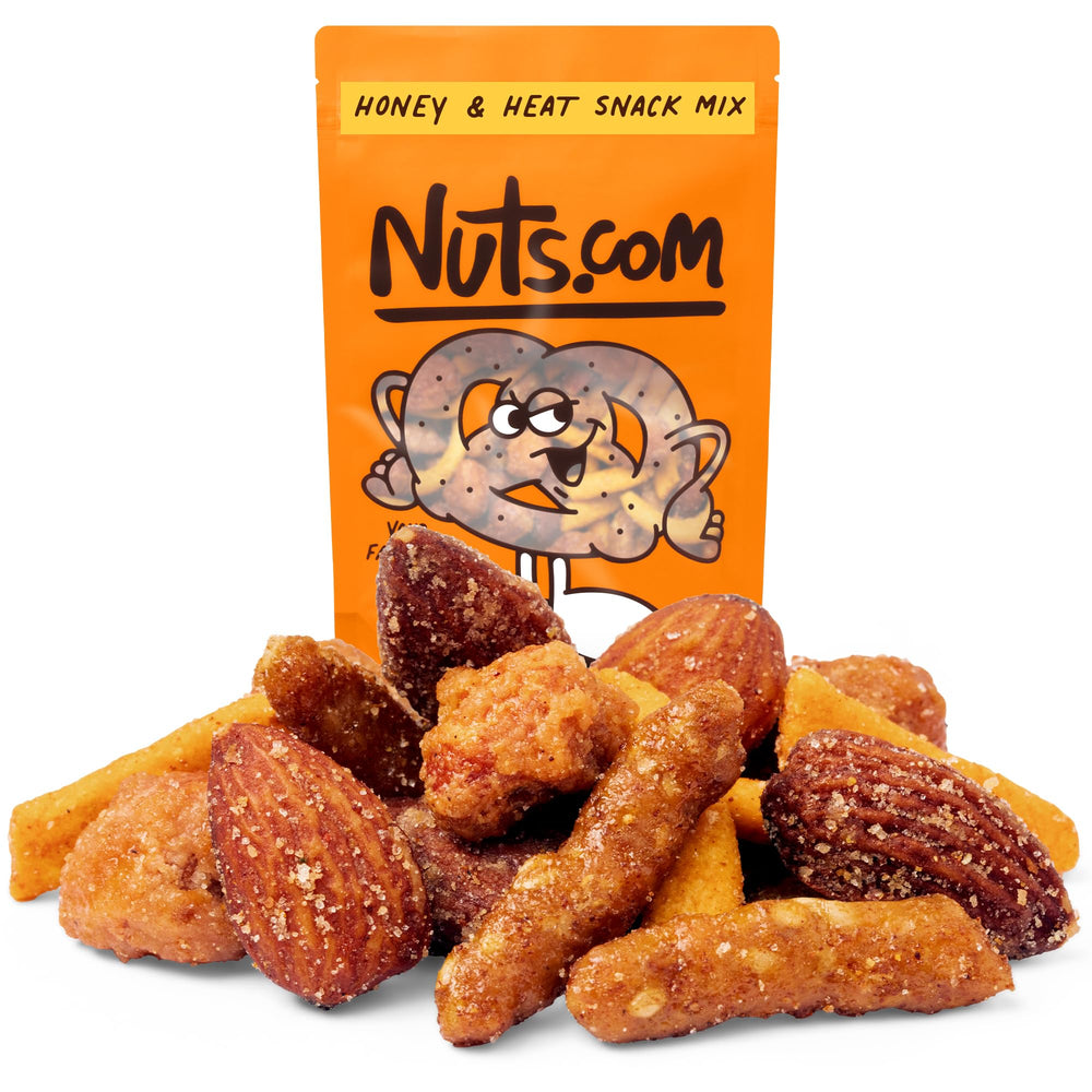 Nuts.com bolsa frontal Honey & Heat mostrando presentación resellable y conveniencia