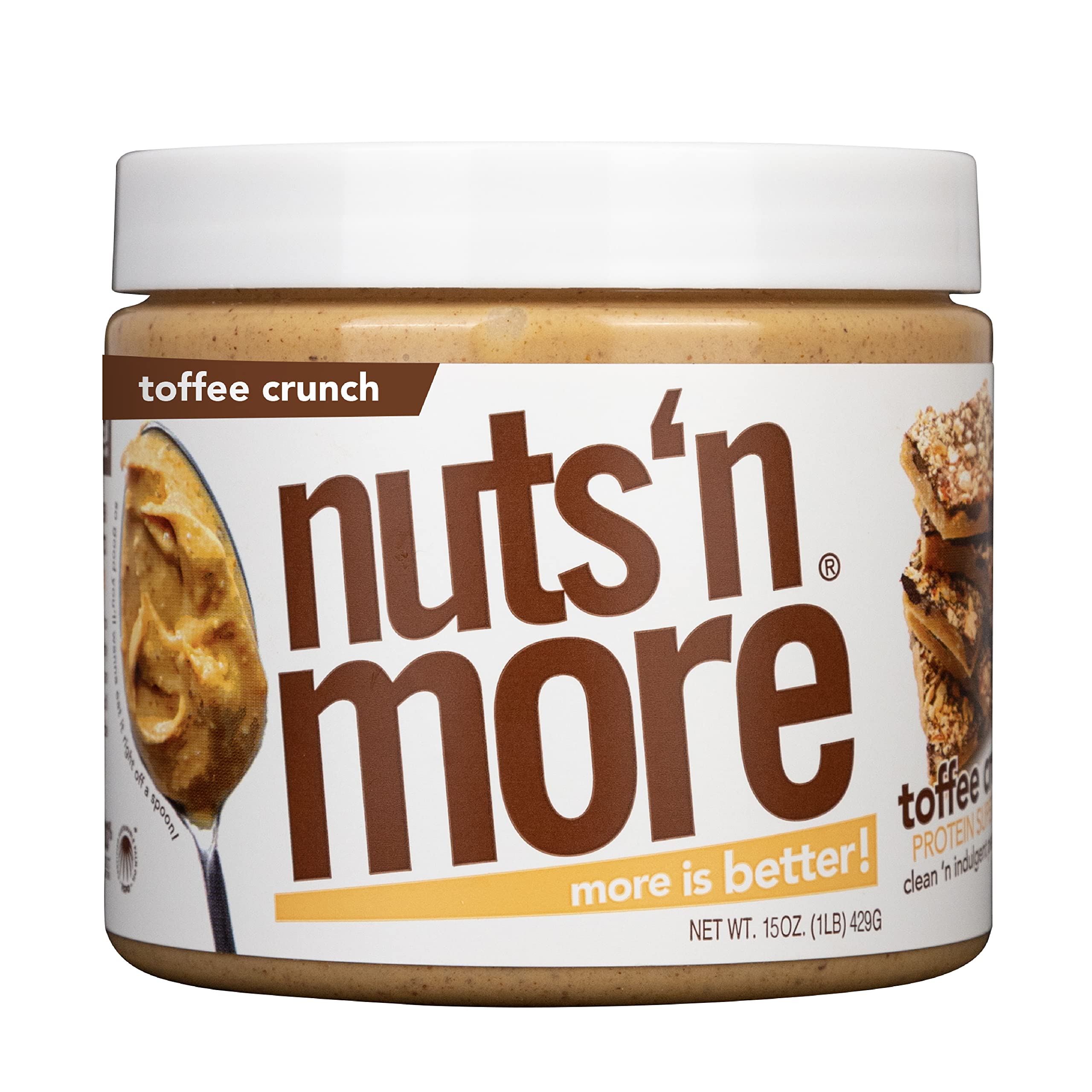 Nuts 'N More frasco frontal mostrando etiqueta y tamaño práctico
