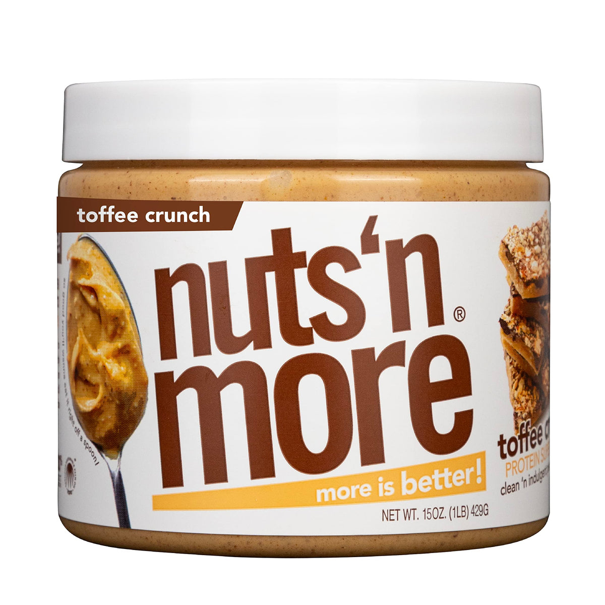 Nuts 'N More frasco frontal mostrando etiqueta y tamaño práctico