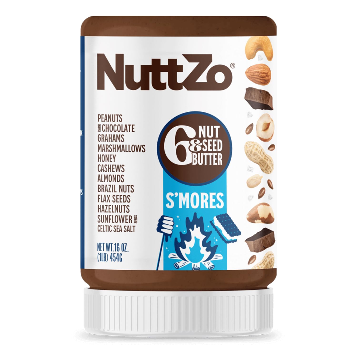 NuttZo frasco frontal mostrando etiqueta y sabor campfire, ideal para desayunos