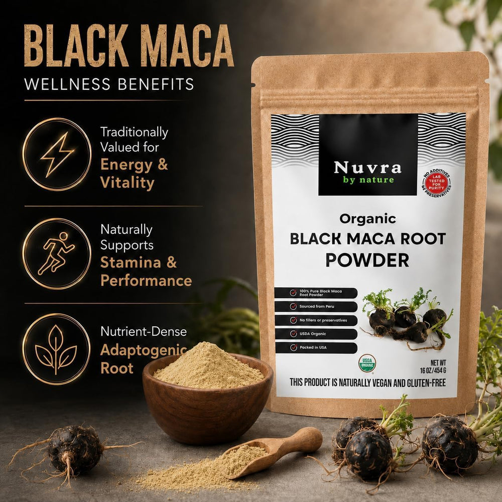 Nuvra by Nature batido con maca negra para sabor terroso y mezcla rápida