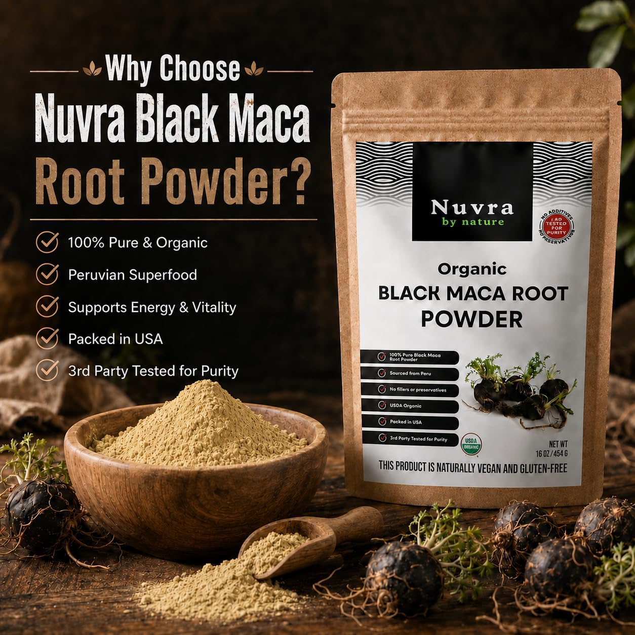 Nuvra by Nature cucharada de maca negra lista para añadir a recetas