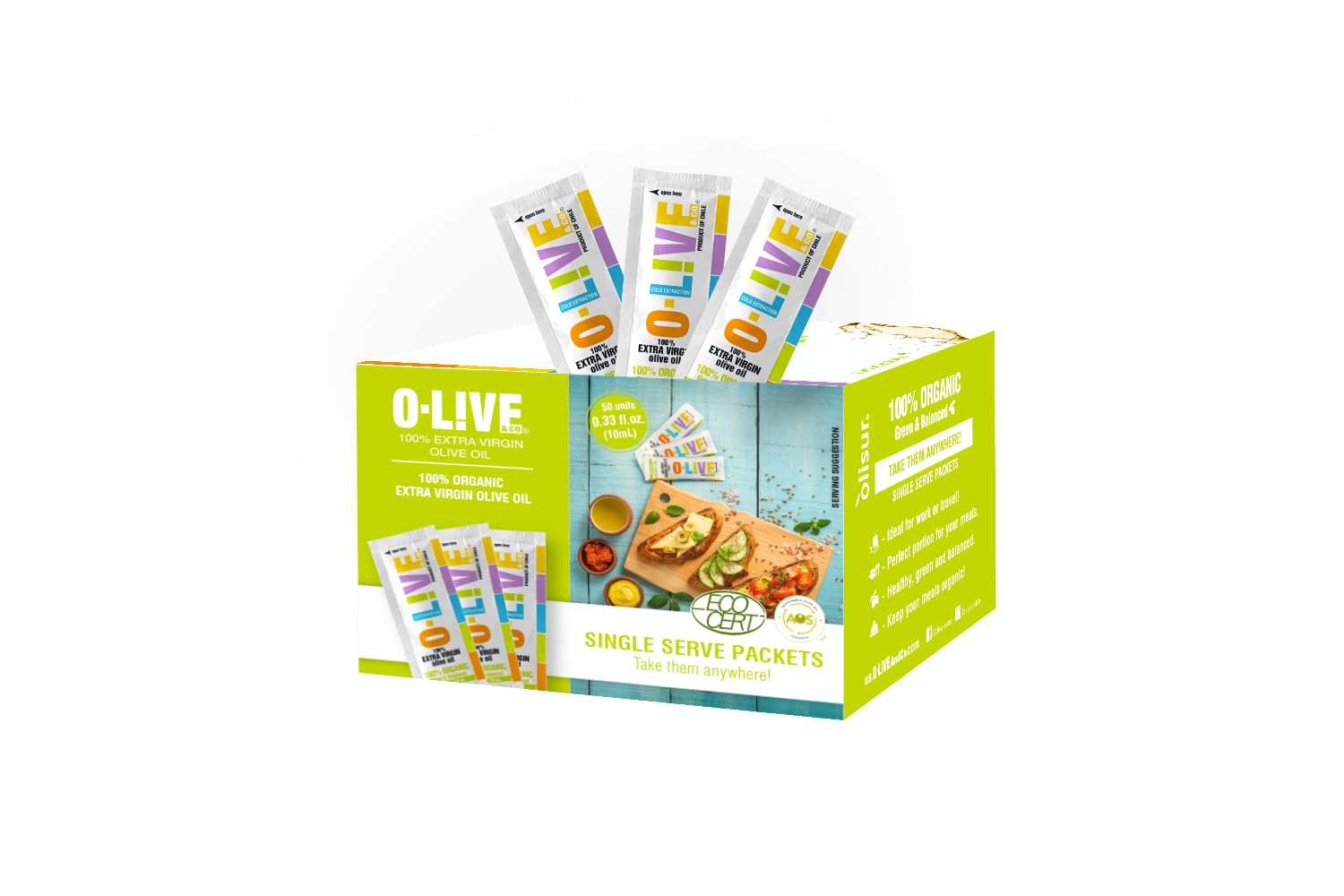 O-Live & Co. sobre frontal mostrando el diseño y conveniencia para llevar