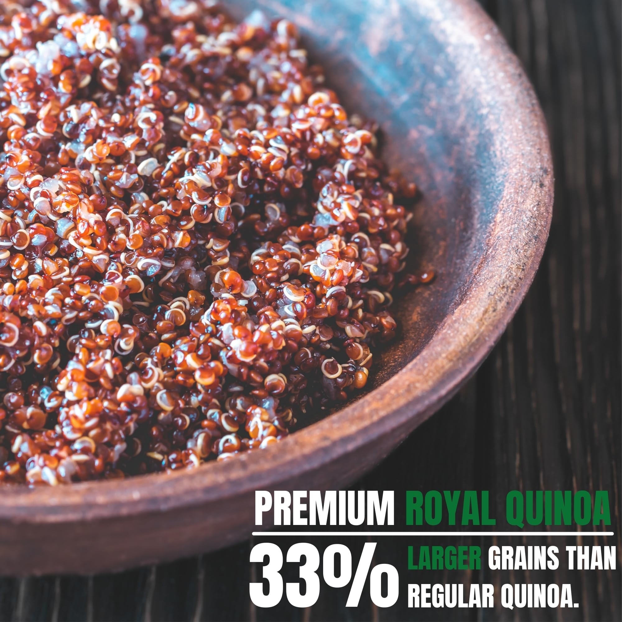 OA QUINOA comparación de tamaño de grano Royal contra quinoa estándar para visual