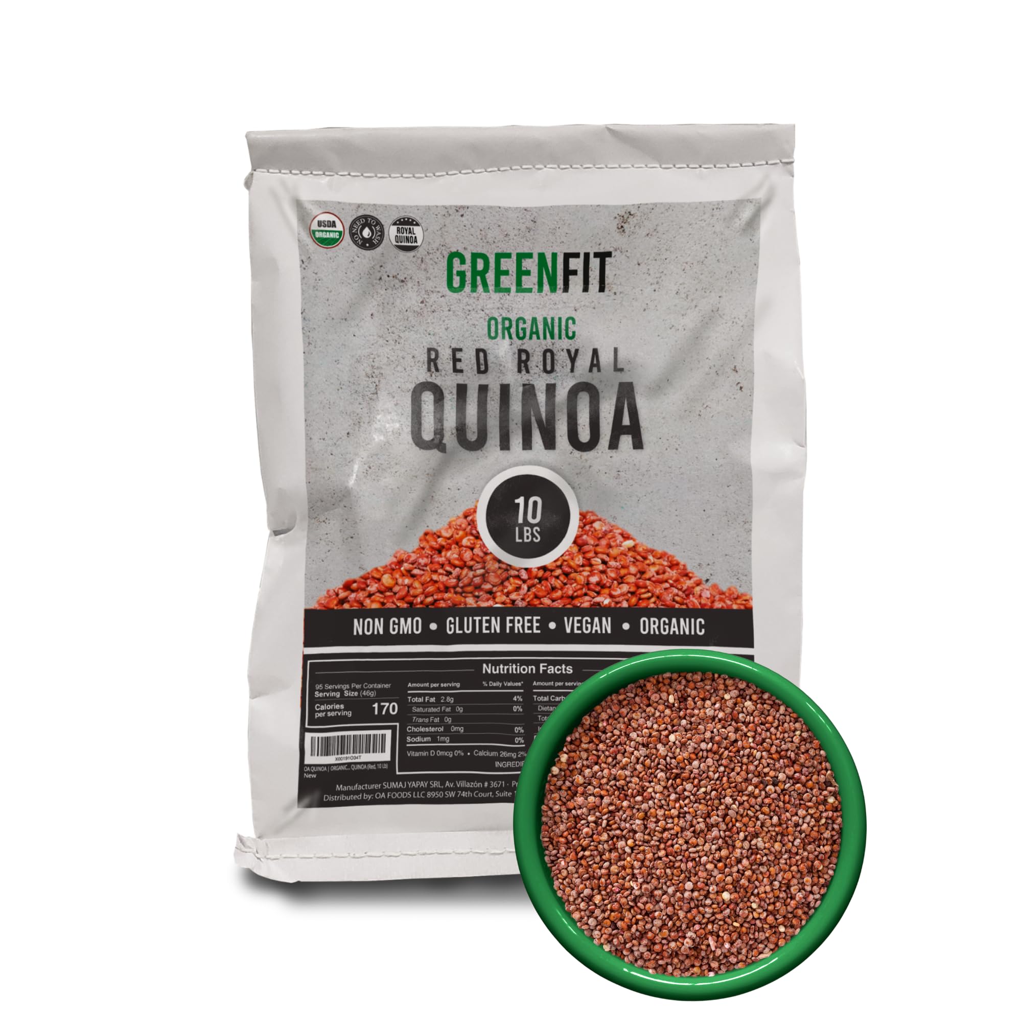 OA QUINOA empaque frontal de 10 lb mostrando calidad orgánica y ventajas