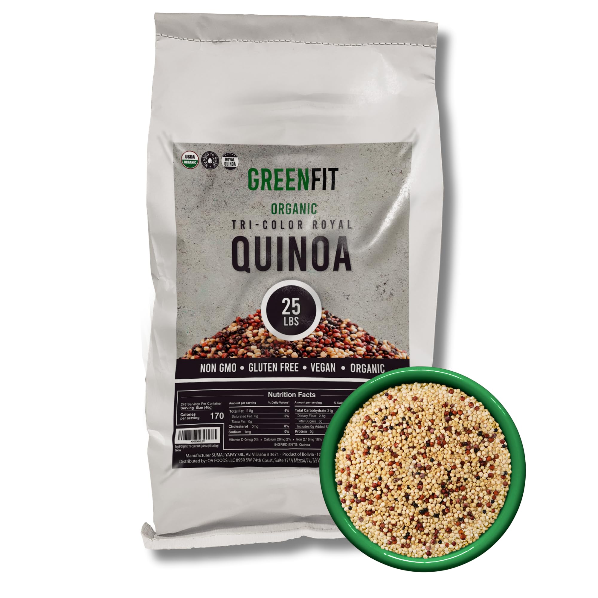 OA QUINOA envase frontal 25 lb que muestra certificaciones y tamaño