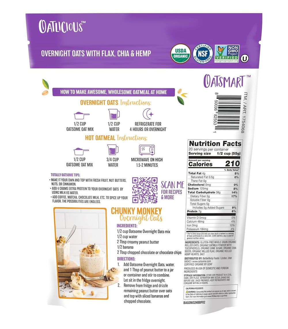 Oatsome primer plano de textura con avena, chía y linaza mostrando mezcla integral