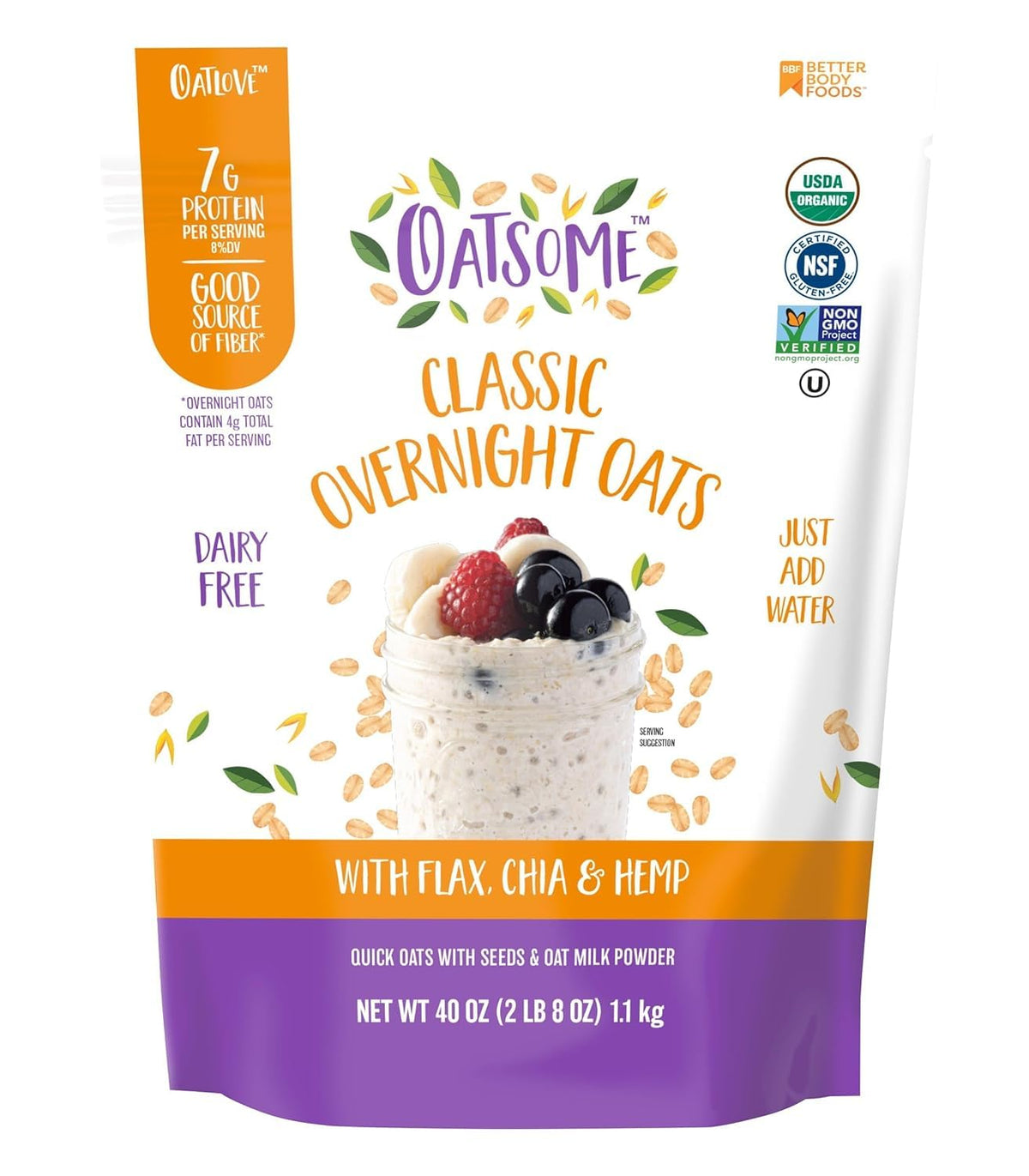 Oatsome paquete frontal grande mostrando tamaño de 2.5 lb y conveniencia