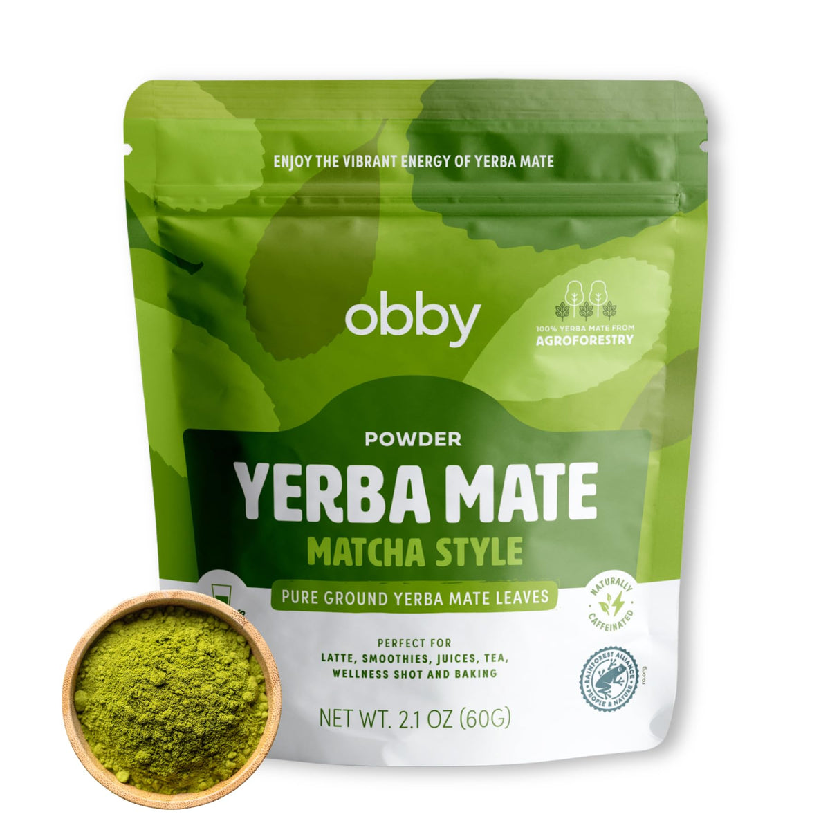 Obby envase frontal de 60 g mostrando etiqueta y sello Rainforest Alliance