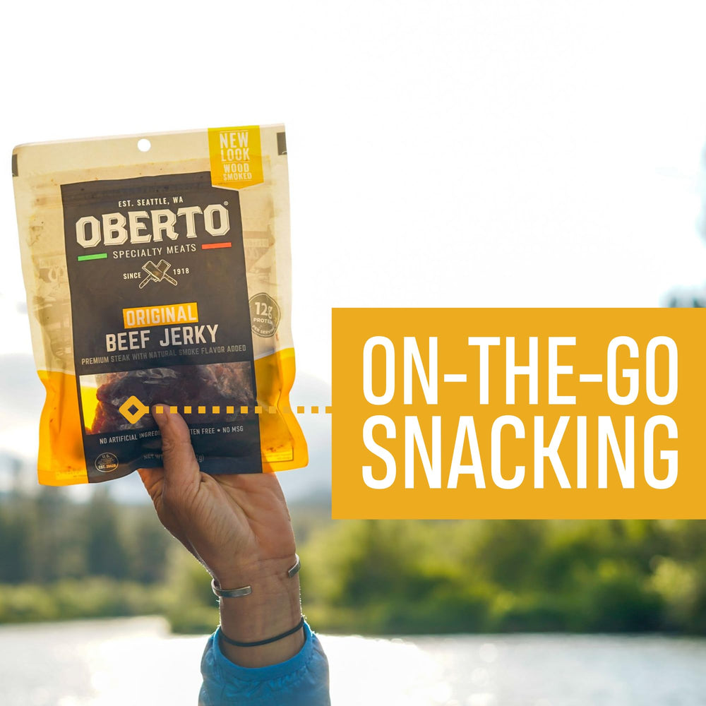 Oberto bolsa resellable abierta, mantiene frescura y aroma ahumado