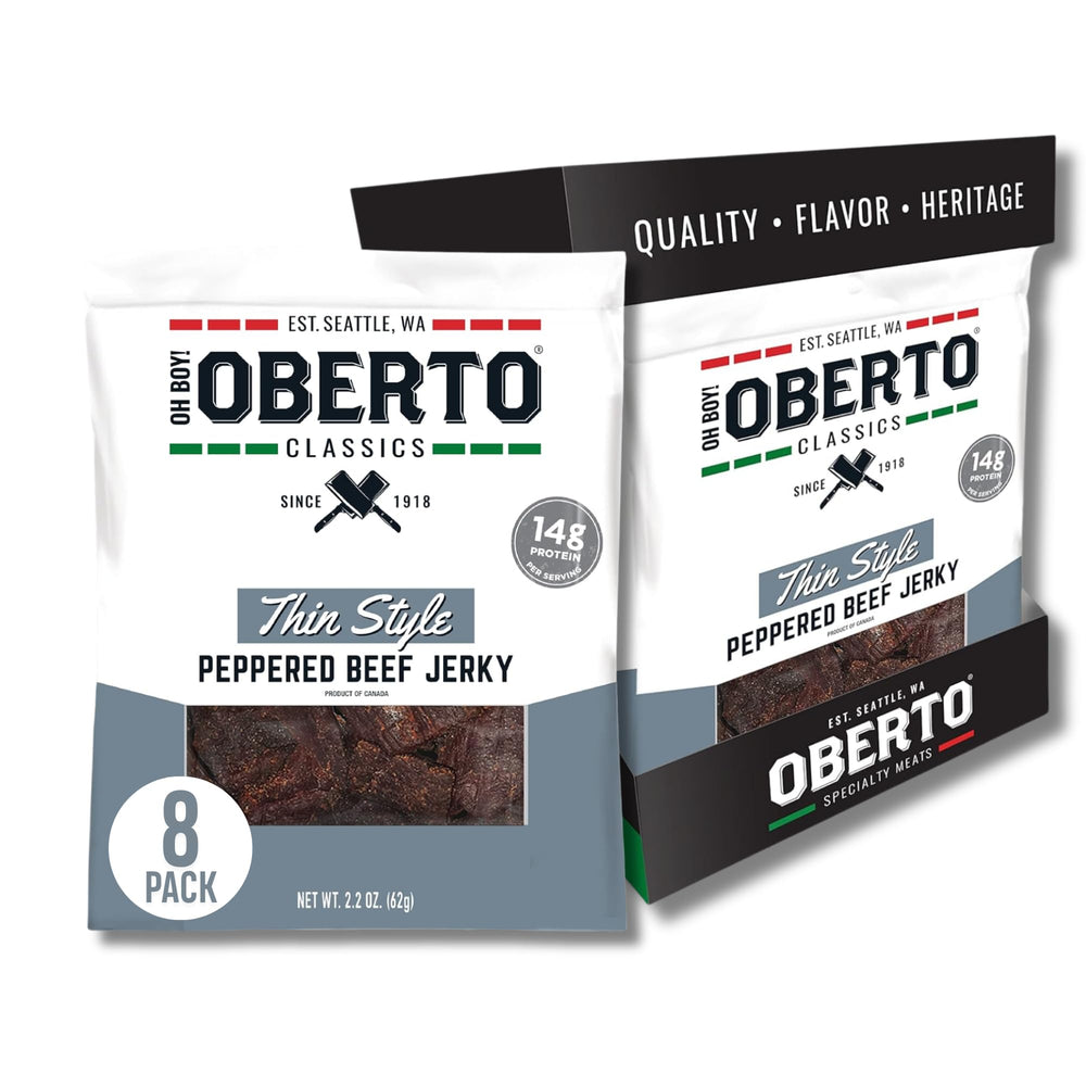 Oberto empaque frontal mostrando jerky peppered y beneficio práctico