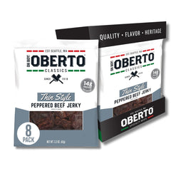 Oberto empaque frontal mostrando jerky peppered y beneficio práctico