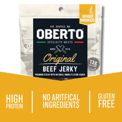Oberto textura cercana del jerky, carne tierna y ahumada visible