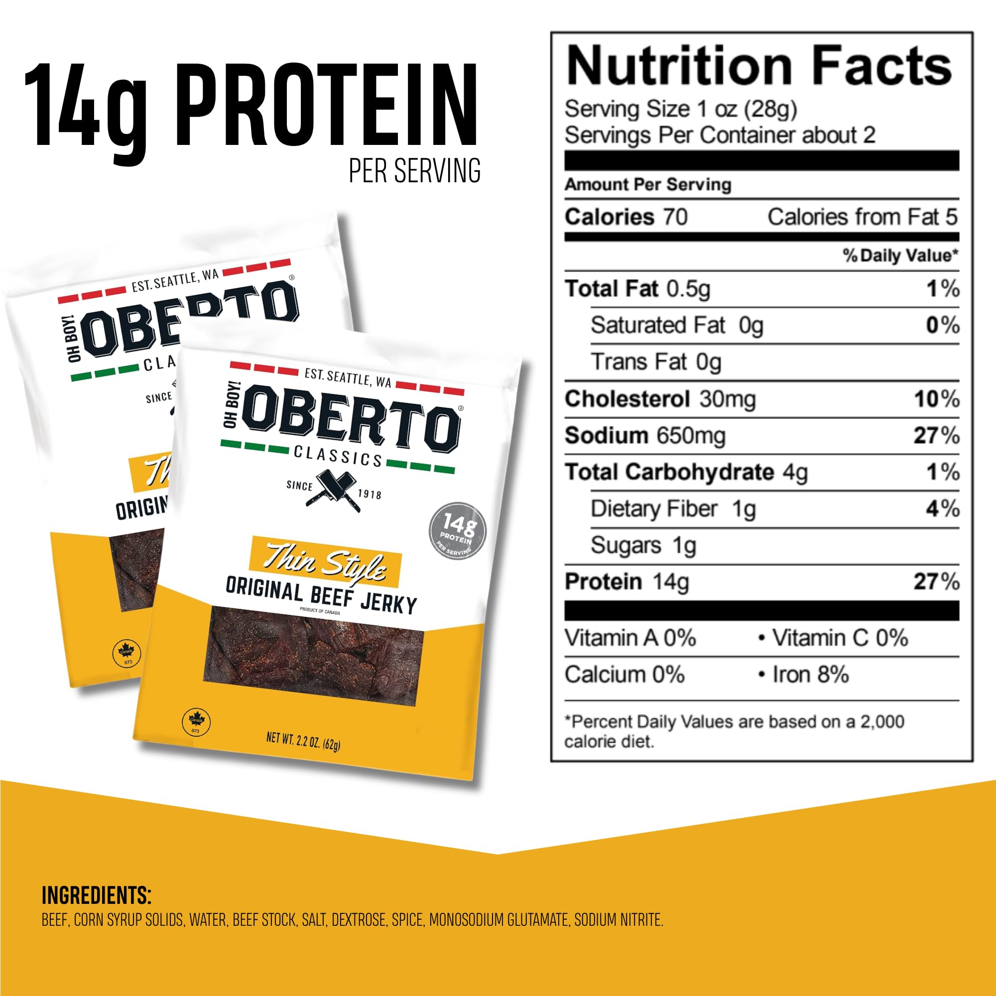 Oberto tira de jerky en primer plano destaca masticabilidad y sabor