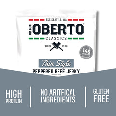 Oh Boy! Oberto tiras en plato resaltando porciones ricas en proteína