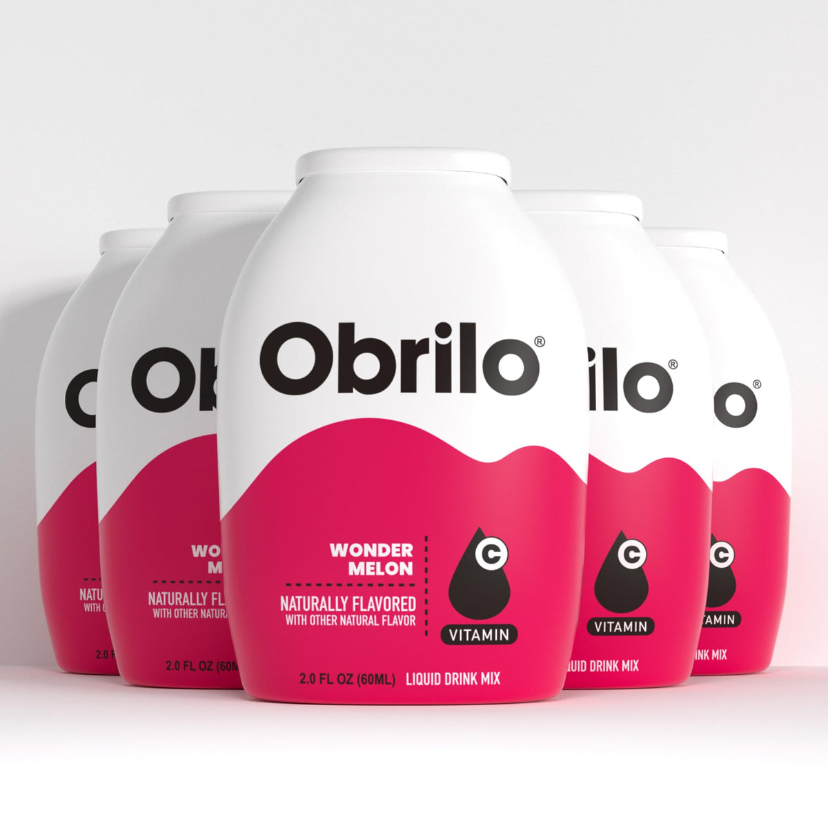 Obrilo pack frontales five botellas Wonder Melon mostrando diseño y tamaño práctico