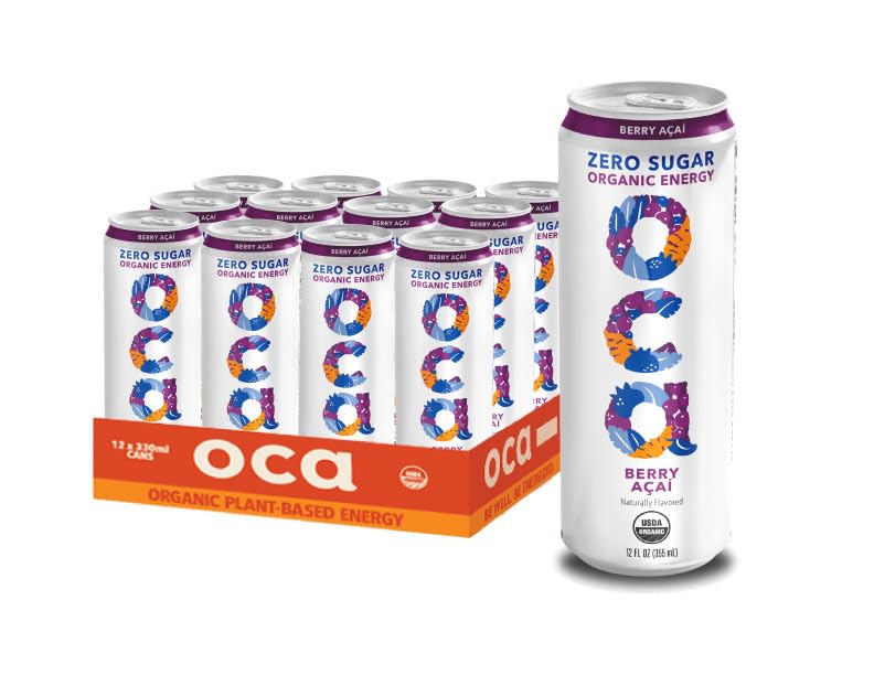 OCA lata frontal mostrando sabor Berry Acai y diseño atractivo para energizar