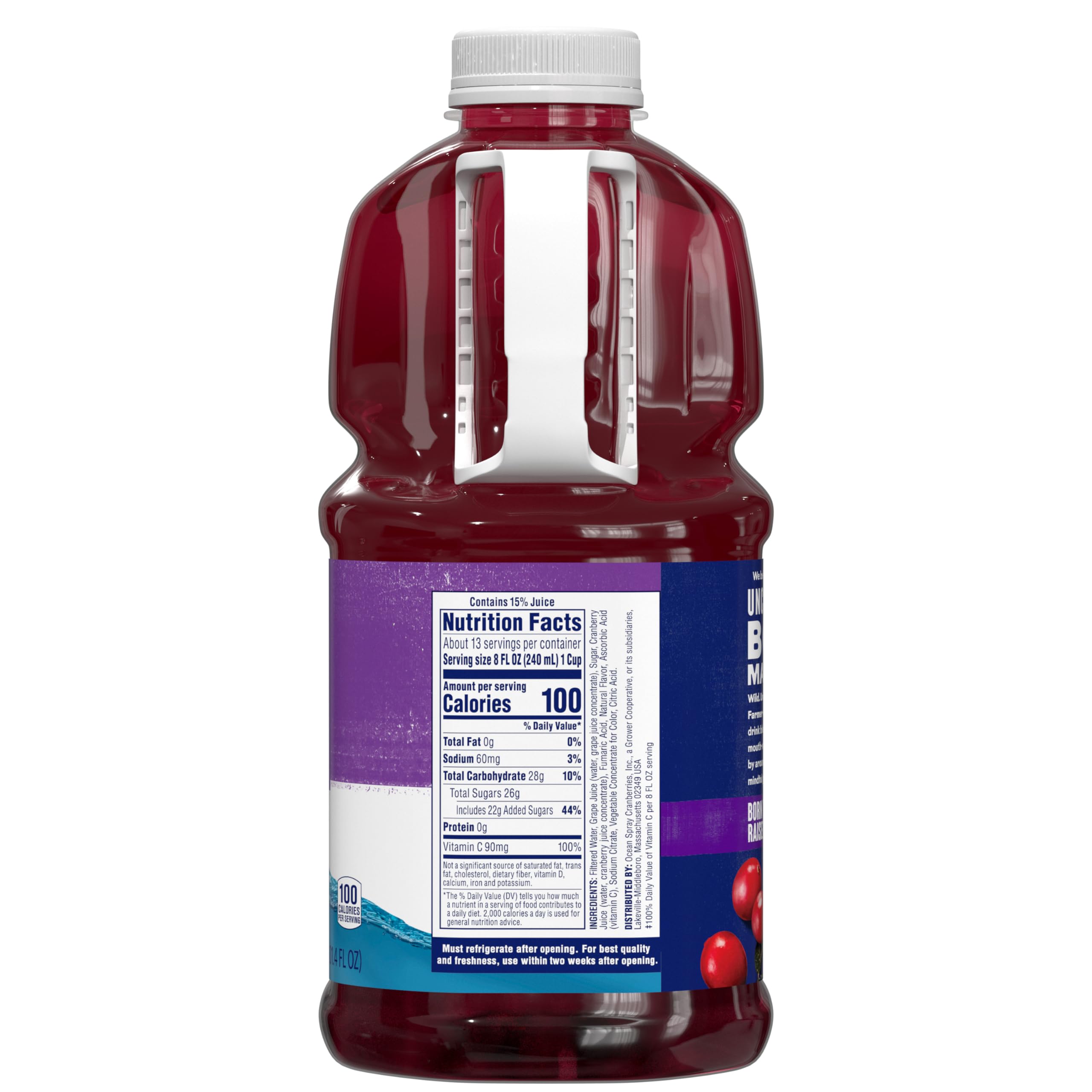 Ocean Spray etiqueta en primer plano resaltando información nutricional