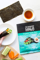 Ocean's Halo tiras de nori sobre ramen, realza sabor y aporta textura