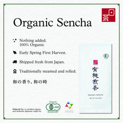 Ocha & Co. hojas enteras de Sencha en primer plano mostrando textura y calidad