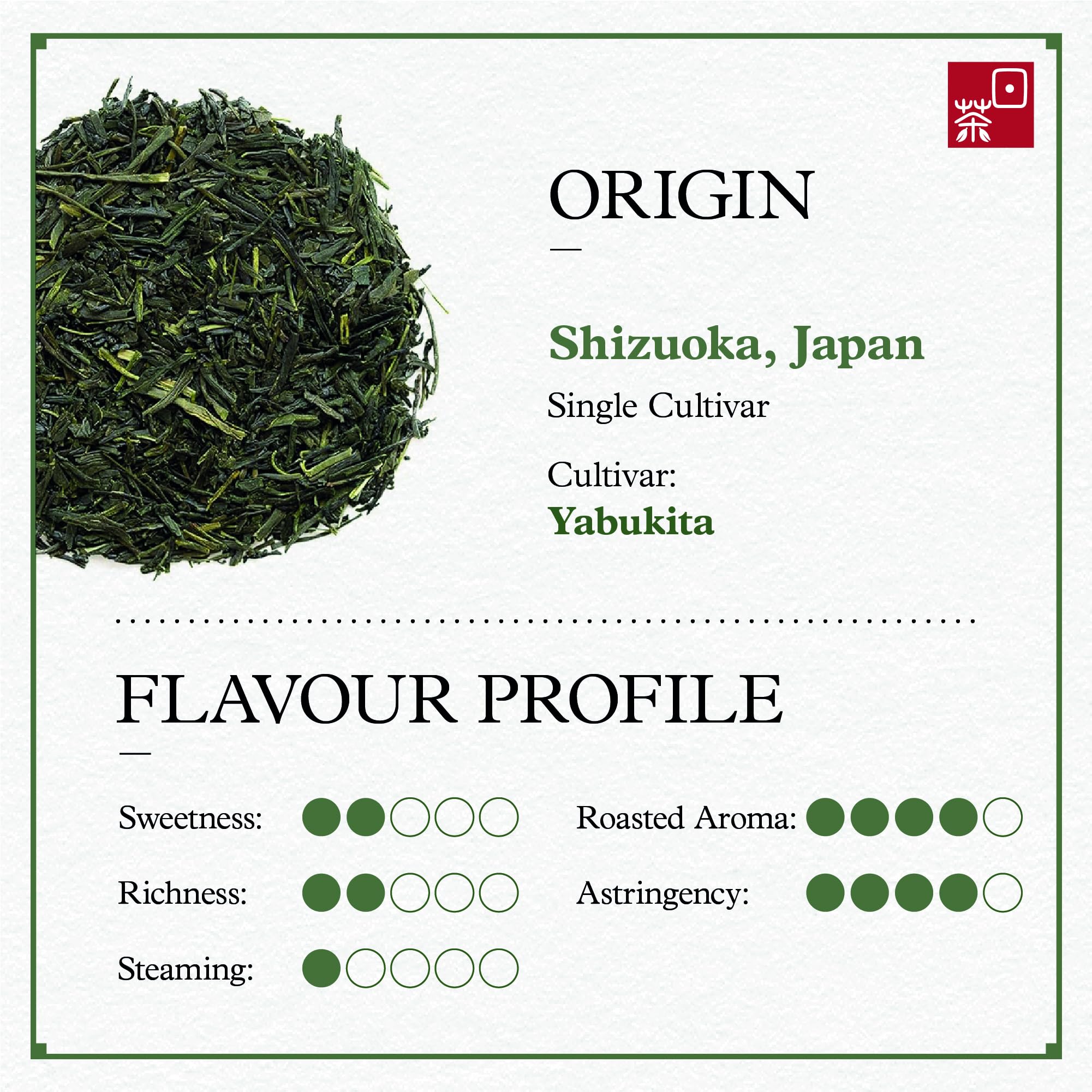 Ocha & Co. taza servida con Sencha verde dorado, ofrece sabor suave y aroma