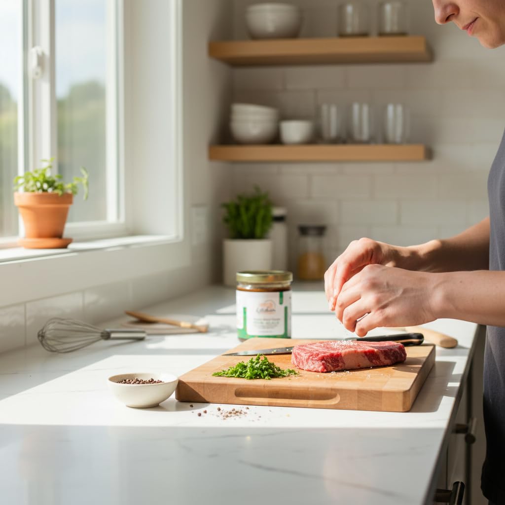 Offcuts Kitchen derramando demi glace en sartén para desglasar y enriquecer