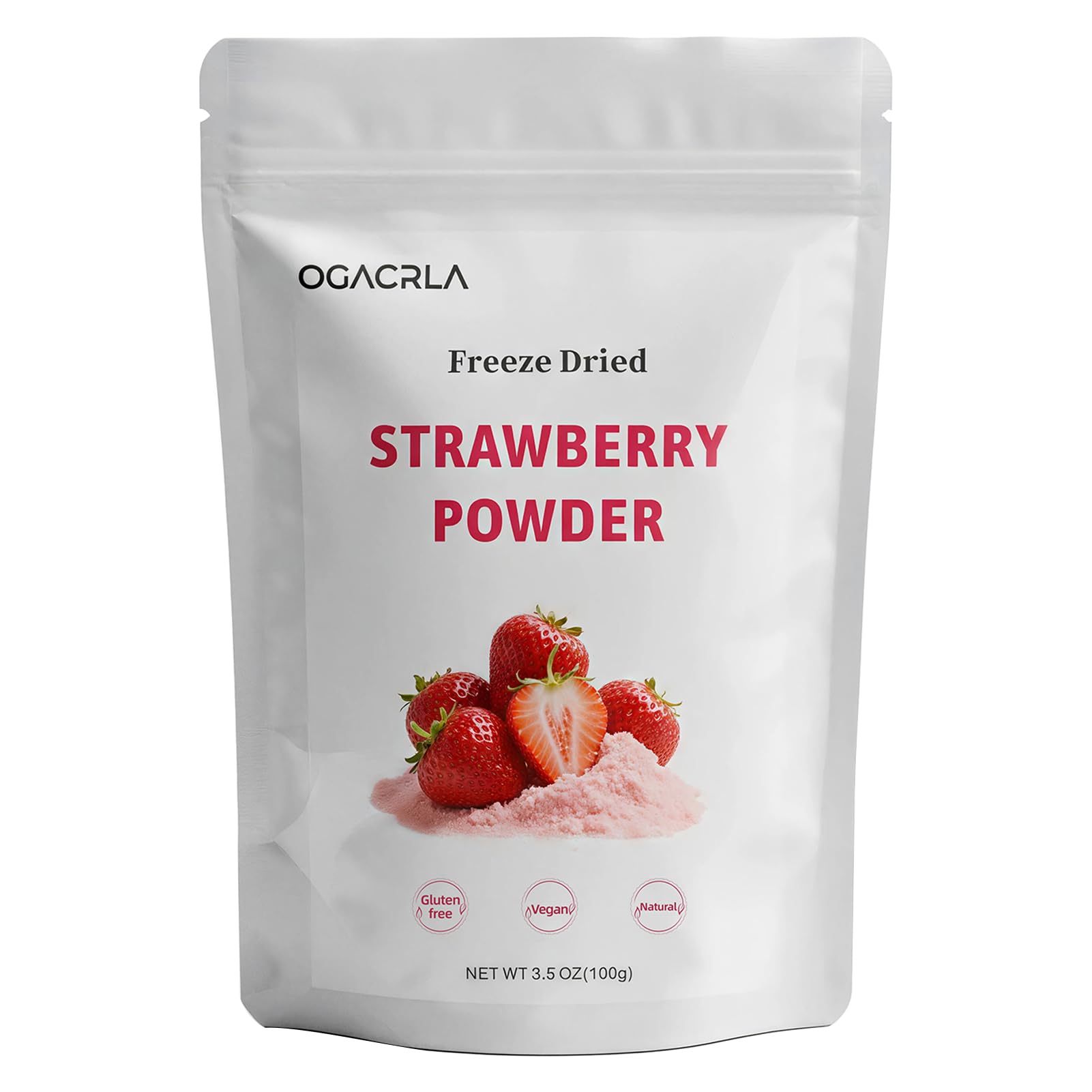 OGACRLA paquete frontal de polvo de fresa muestra naturalidad y conveniencia