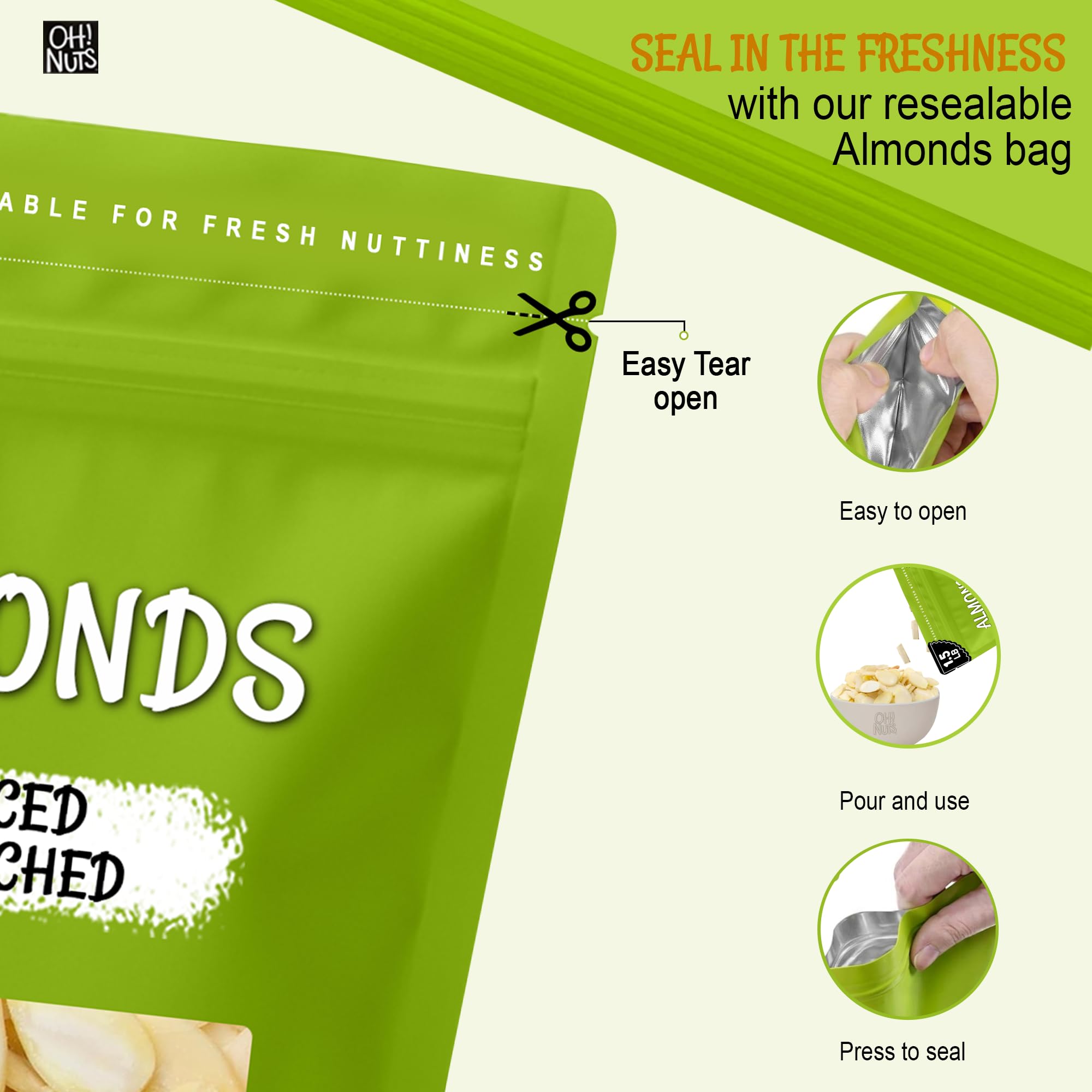 Oh! Nuts almendras fileteadas espolvoreadas sobre ensalada, mejora crujiente