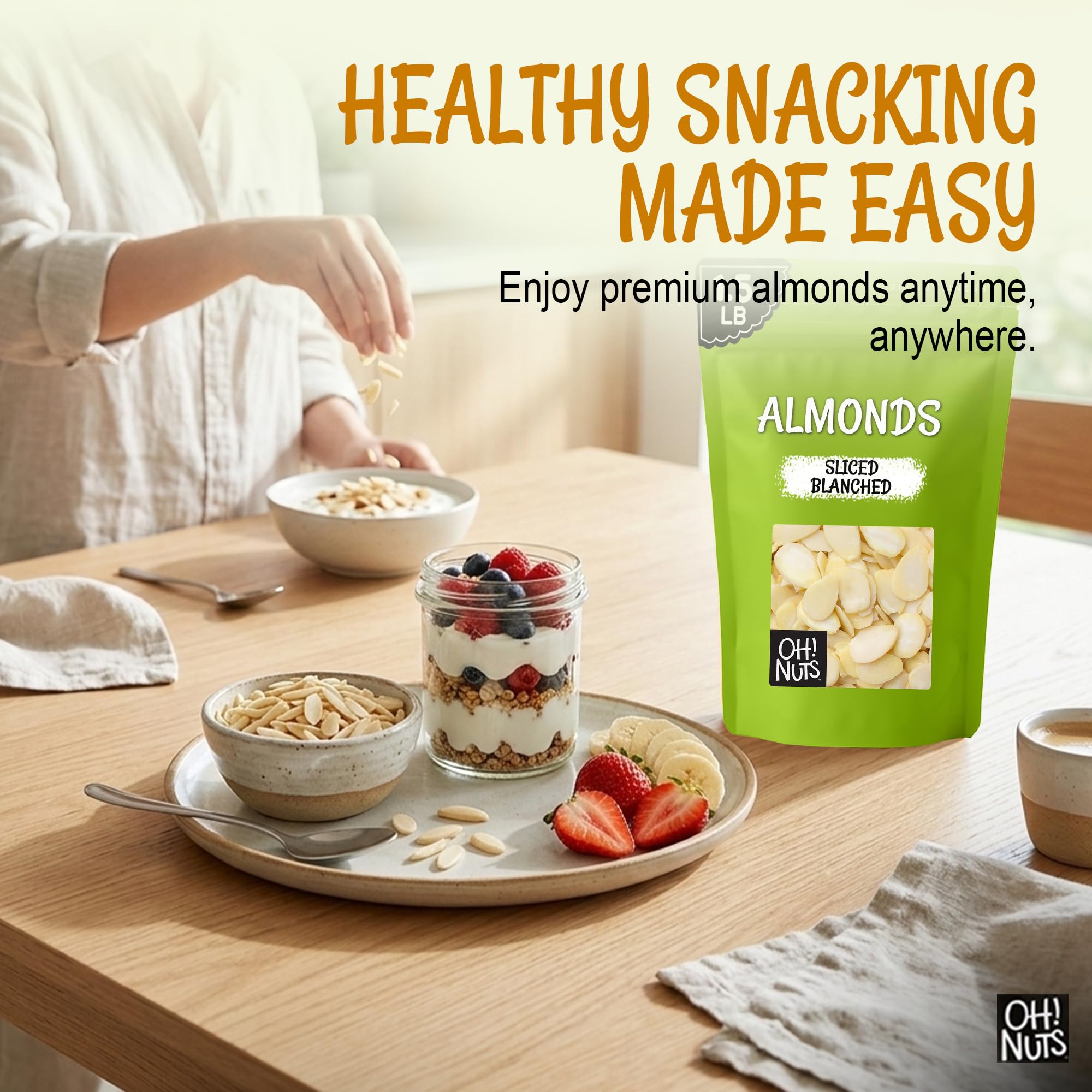 Oh! Nuts almendras fileteadas como topping en postre, aporta contraste