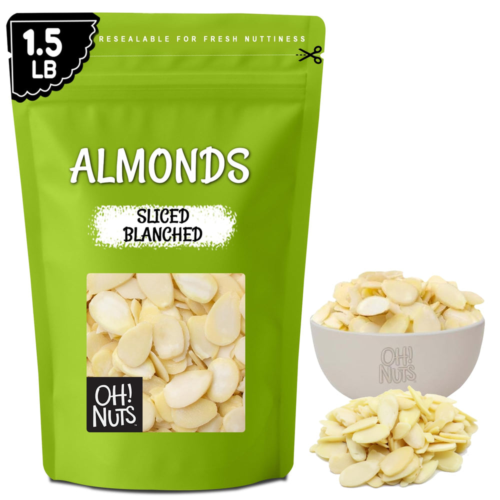 Oh! Nuts paquete frontal de almendras fileteadas mostrado claramente