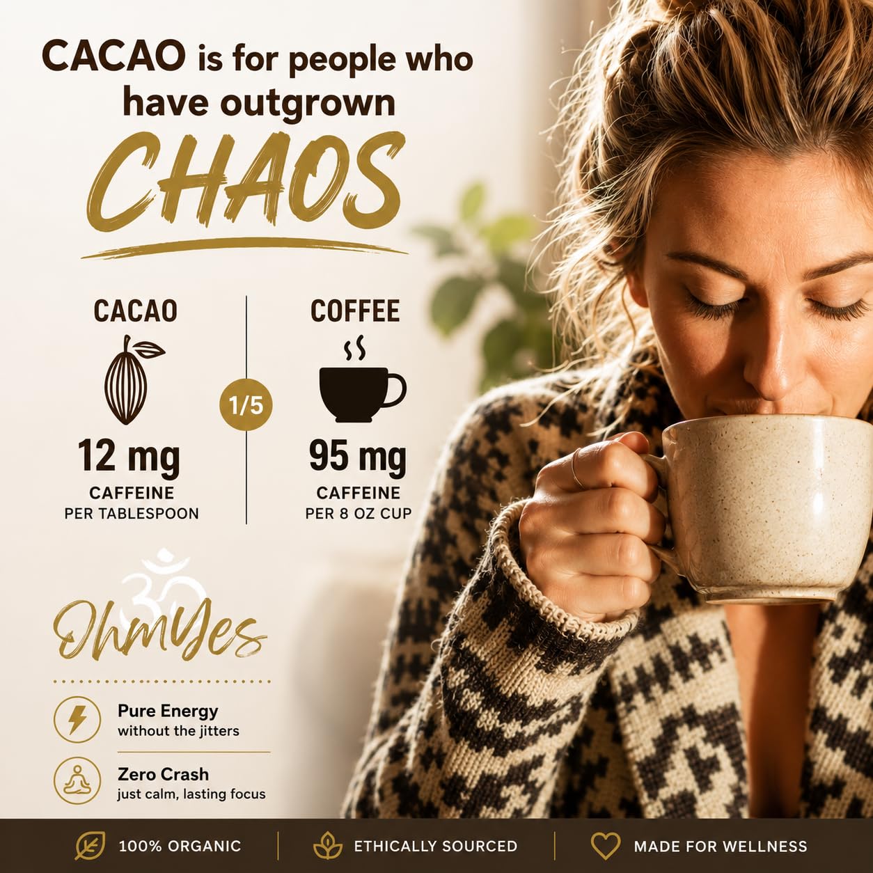 OHM Cacao comparación de tamaño del envase para visualizar porciones