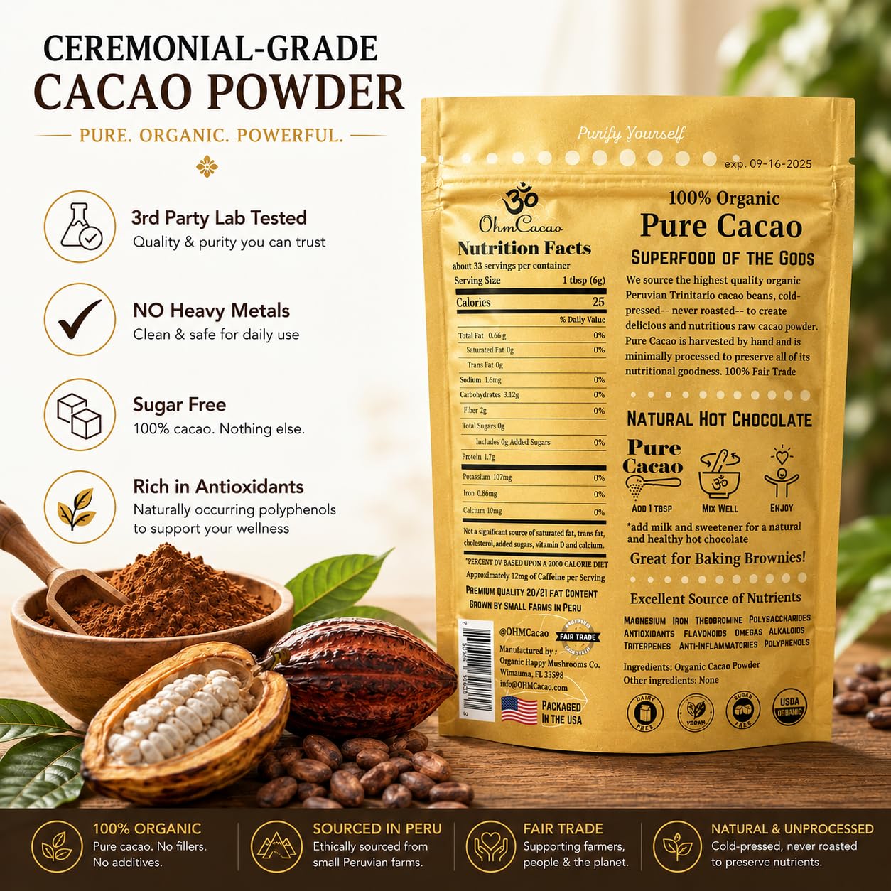 OHM Cacao etiqueta con certificaciones orgánicas y pruebas de metales