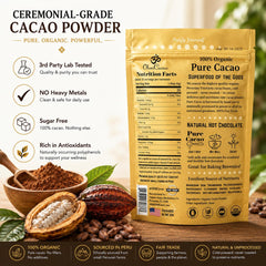 OHM Cacao etiqueta con certificaciones orgánicas y pruebas de metales
