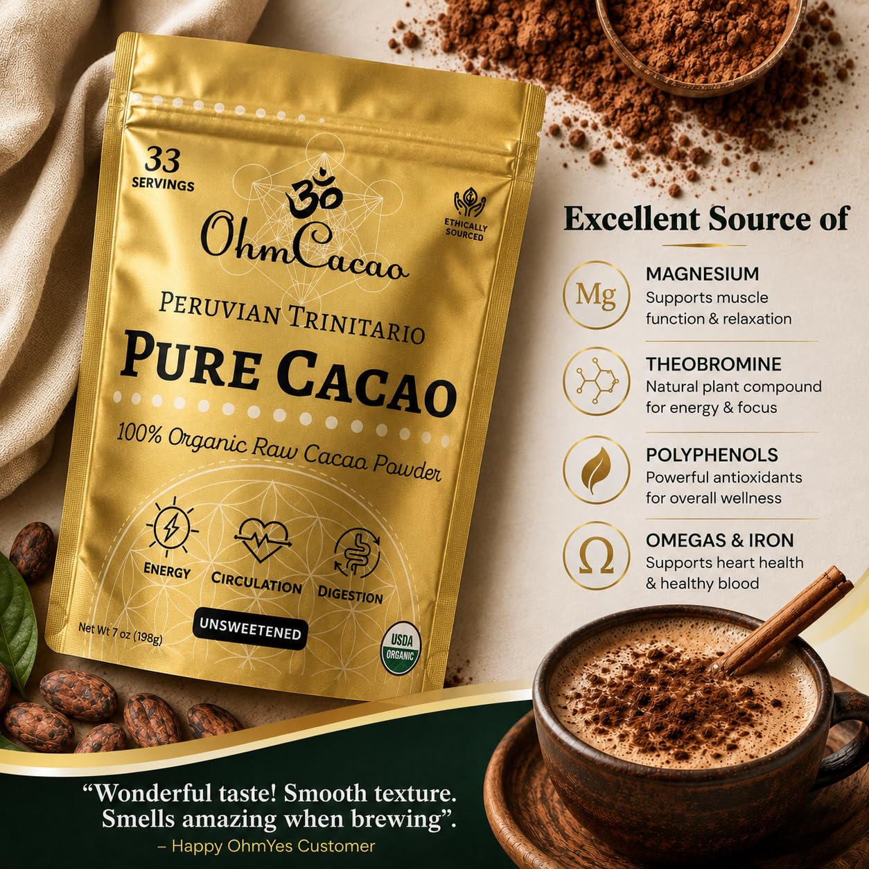 OHM Cacao polvo en bowl junto a harina y huevos para repostería