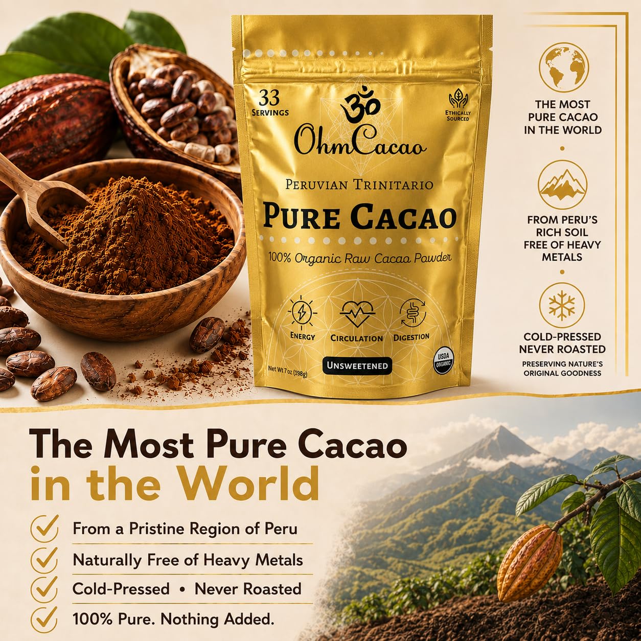 OHM Cacao cacao en taza de chocolate caliente, bebida cremosa inmediata